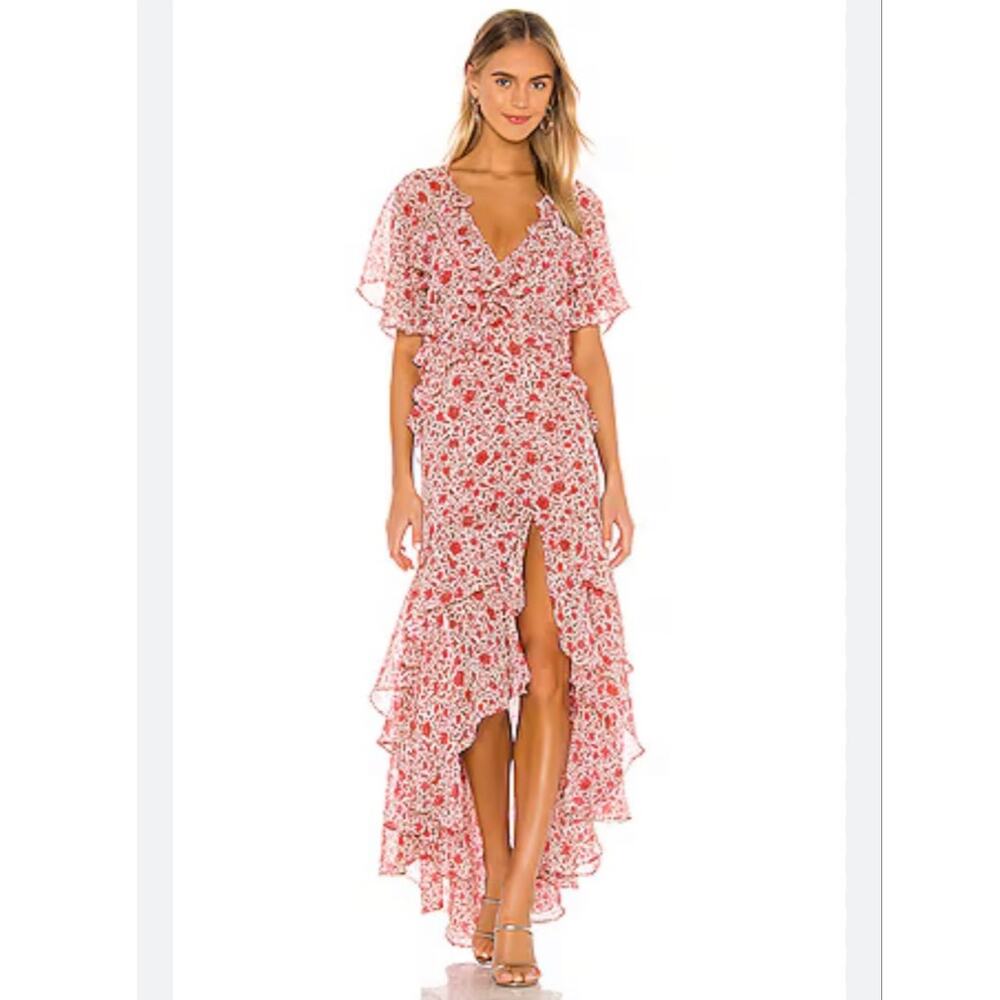 MISA Katarina Ruffle Floral Flutter Sleeve Asymmetric Maxi Dress Floral Size S - Picture 5 of 11
